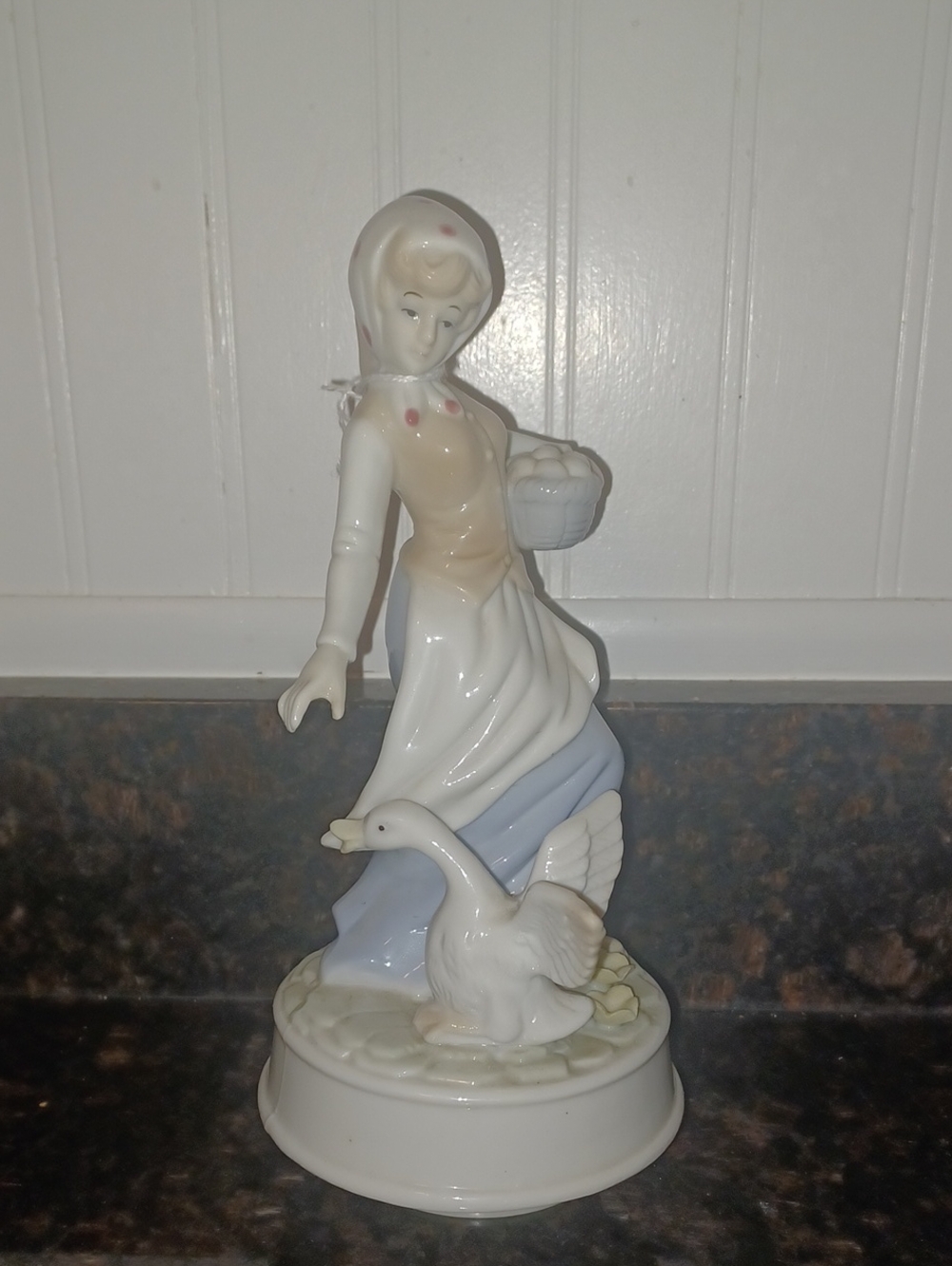 Vintage Mint 10" Rotating Porcelain Music Box Farm Girl w/ Goose